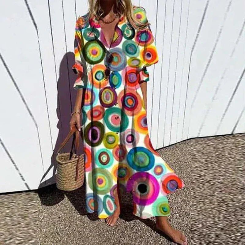 V-Neck Floral Print Long Sleeve Button-Front Flowy Maxi Dress