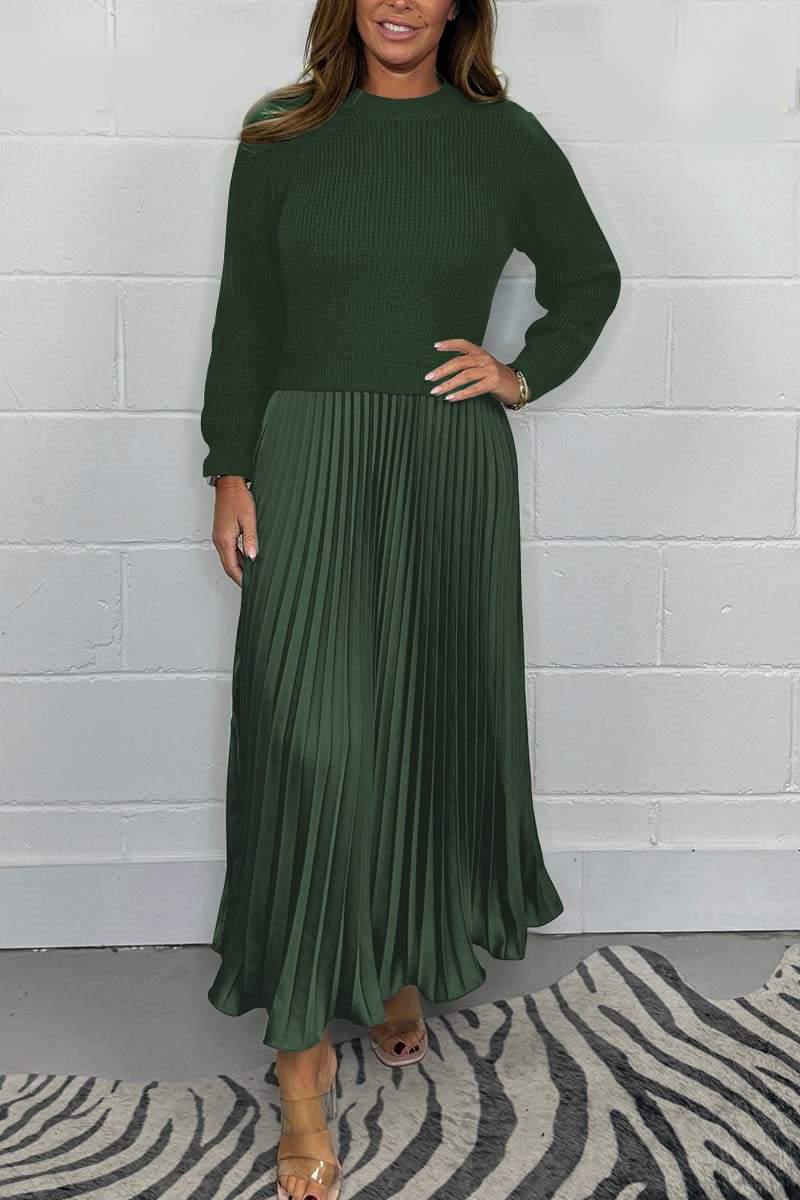 Crew Neck Knit Sweater Pleated Satin Maxi Skirt Set