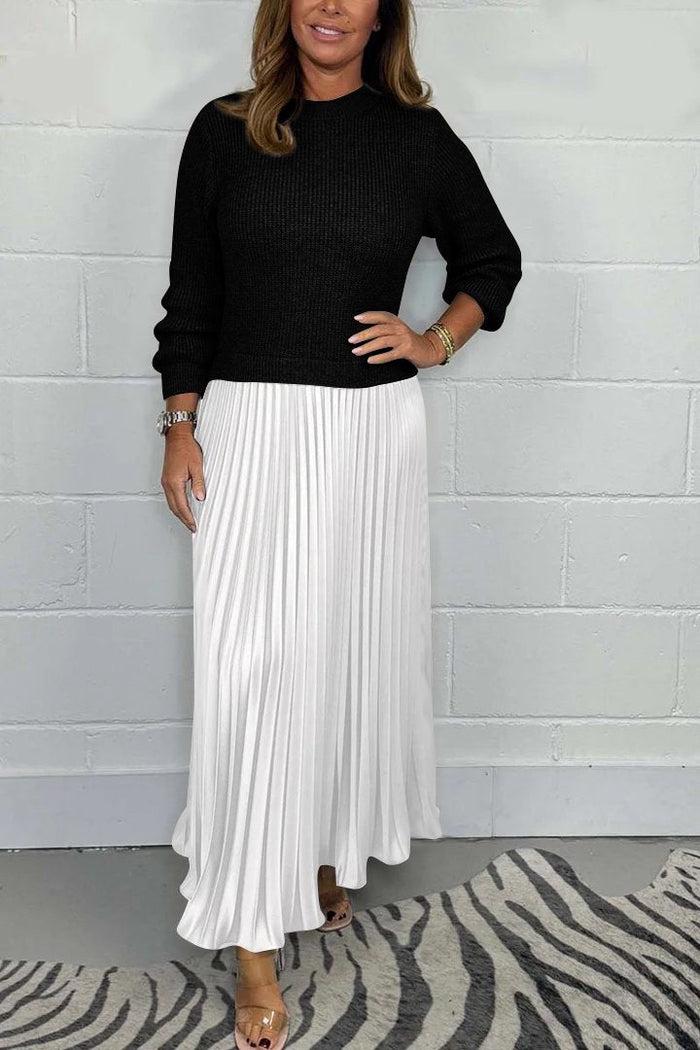 Round Neck Knit Sweater Pleated Satin Maxi Skirt Set