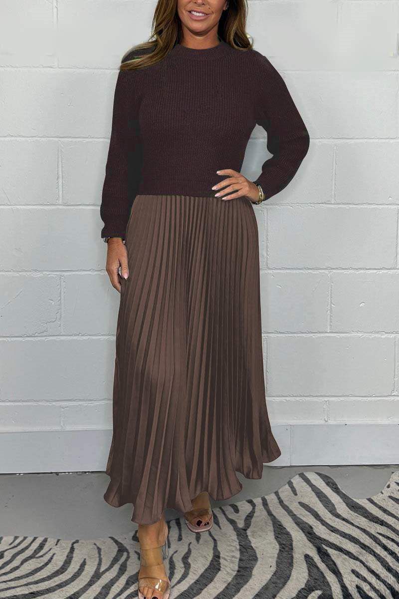 Round Neck Knit Sweater Pleated Satin Maxi Skirt Set