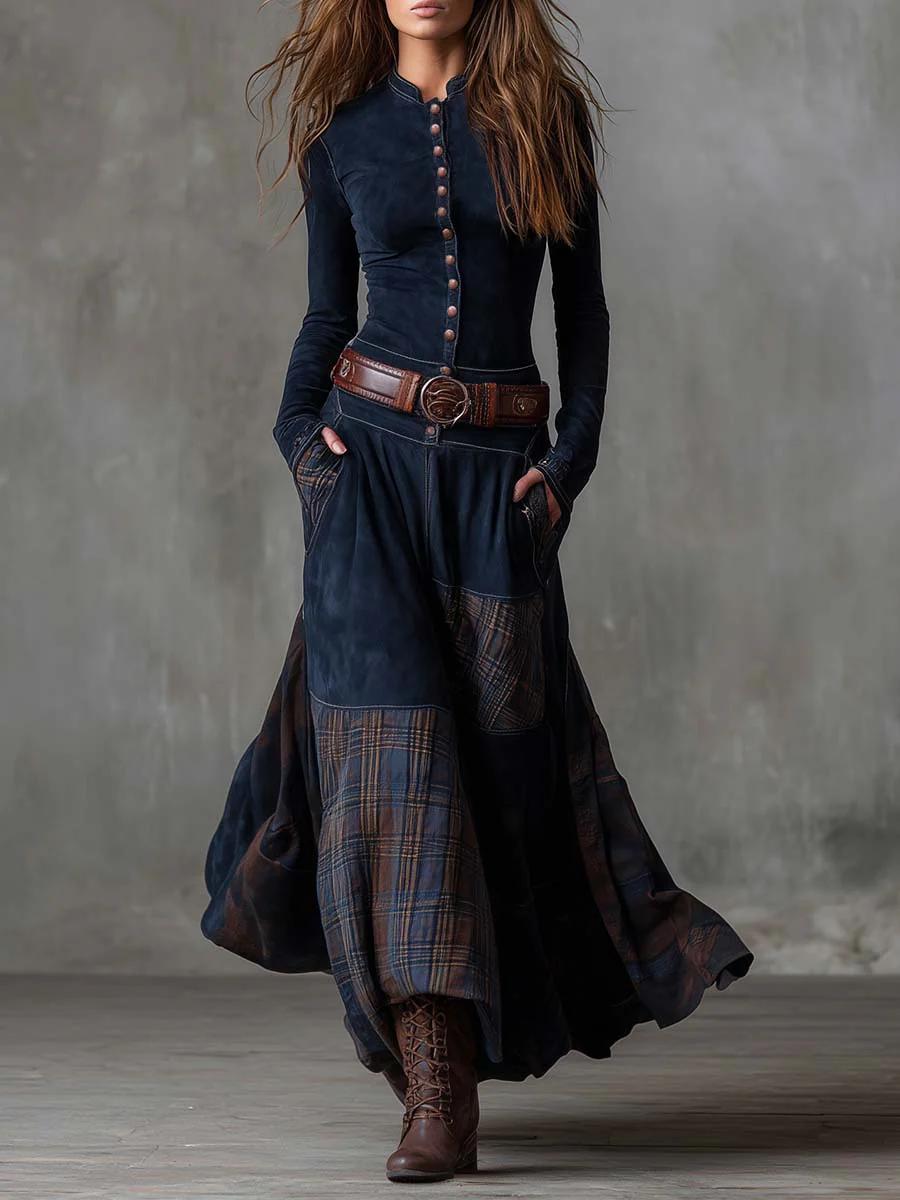 Stand Collar Button Front Suede Plaid Patchwork Belted Maxi Dress