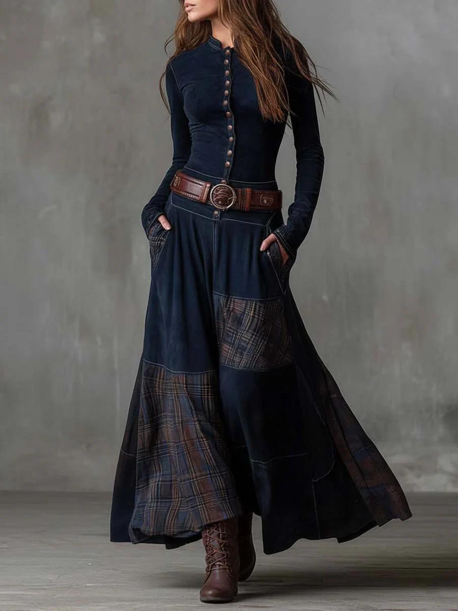 Stand Collar Button Front Suede Plaid Patchwork Belted Maxi Dress