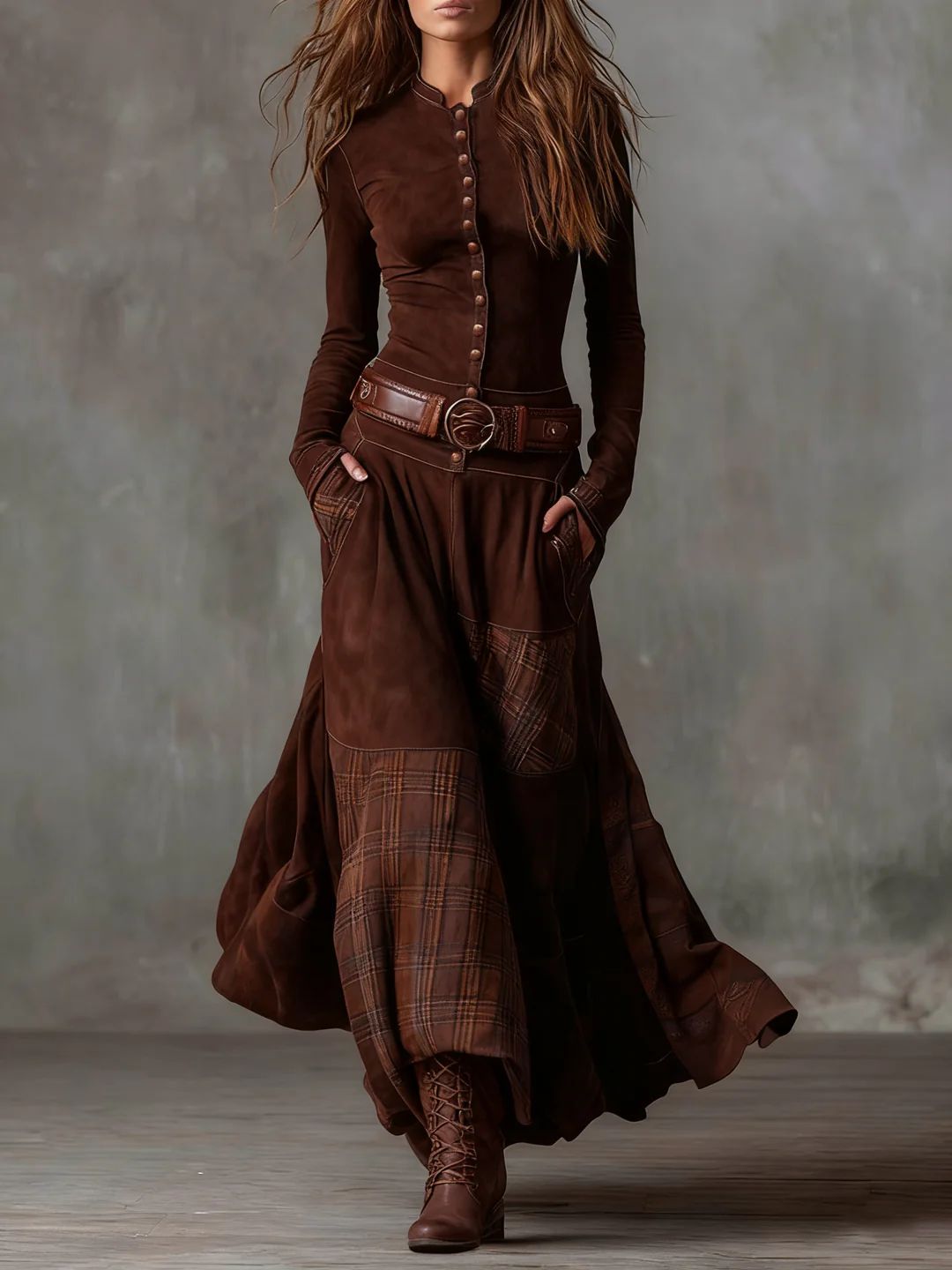 Stand Collar Button Front Suede Plaid Patchwork Belted Maxi Dress