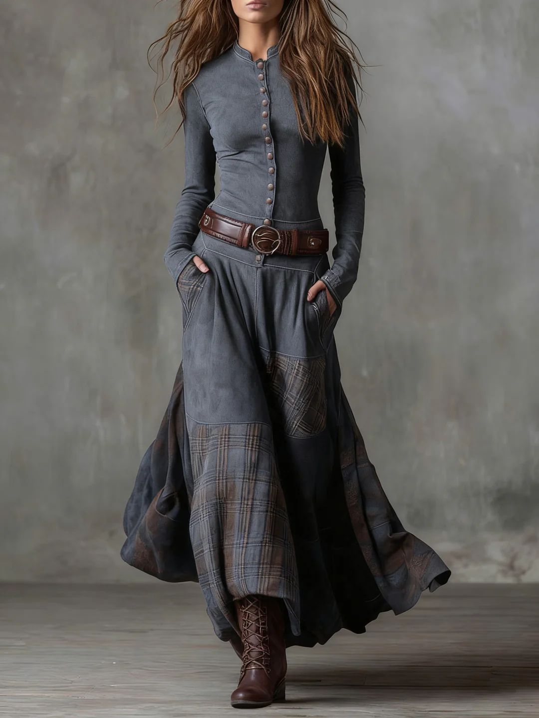 Stand Collar Button Front Suede Plaid Patchwork Belted Maxi Dress