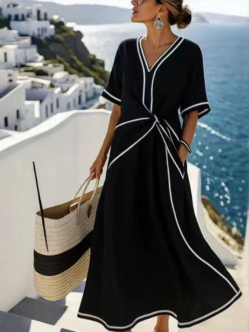 V-Neck Contrast Trim Short Sleeve Twist Front Linen Midi Dress