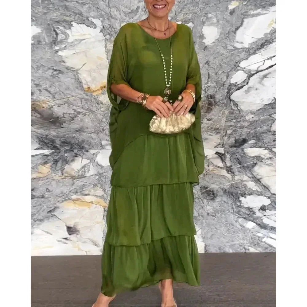Round Neck Chiffon Batwing Sleeve Tiered Layered Maxi Dress