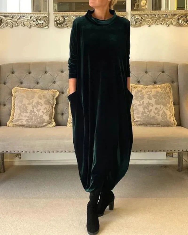 Cowl Neck Velvet Long Sleeve Pocket Cocoon Maxi Dress
