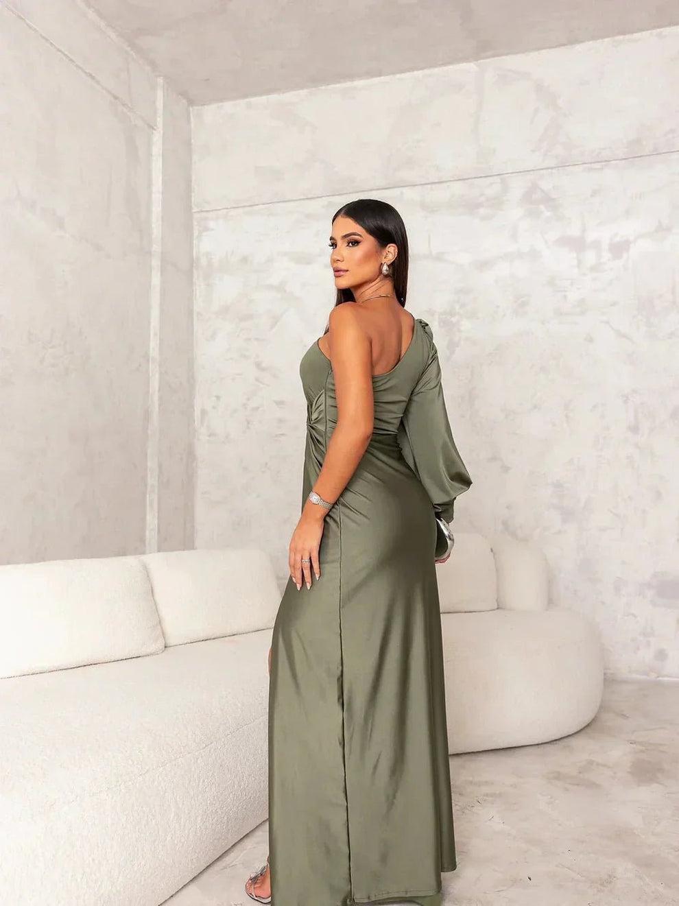One Shoulder Satin Twist Front High Slit Bodycon Maxi Gown