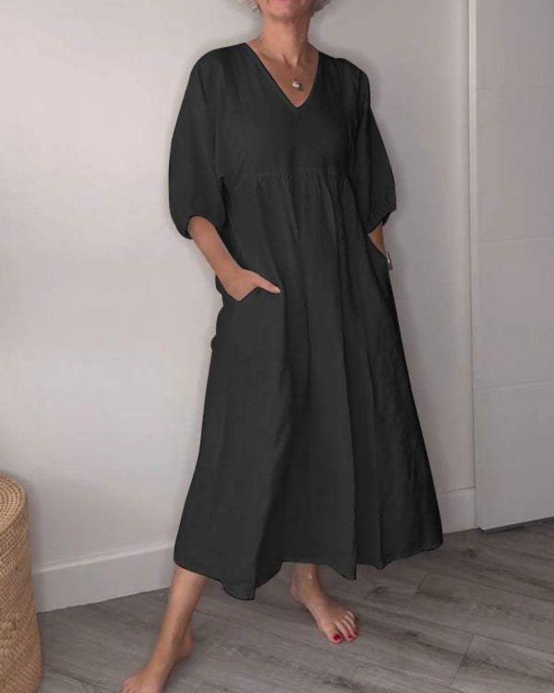 V-Neck Half Sleeve Pocket Linen Flowy Pleated Midi Dress
