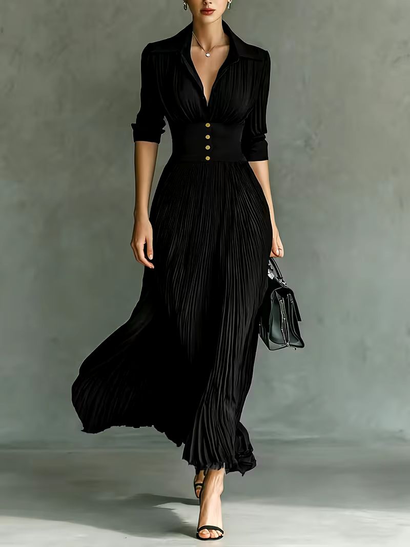 Black Collared Deep V-Neck Long Sleeve Button Waist Pleated Maxi Dress