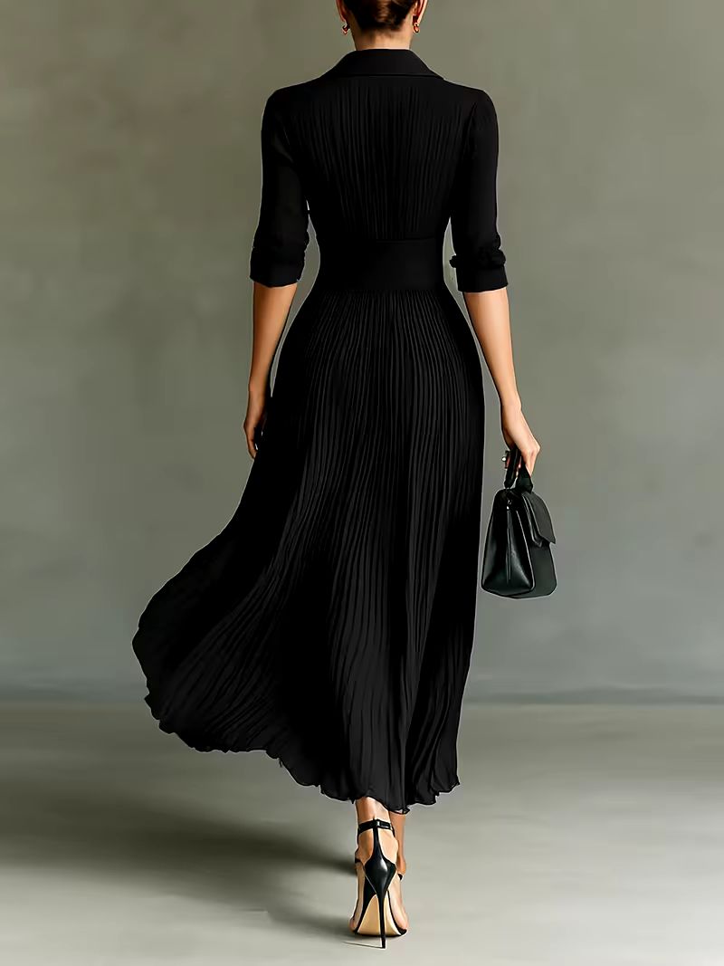 Black Collared Deep V-Neck Long Sleeve Button Waist Pleated Maxi Dress 4