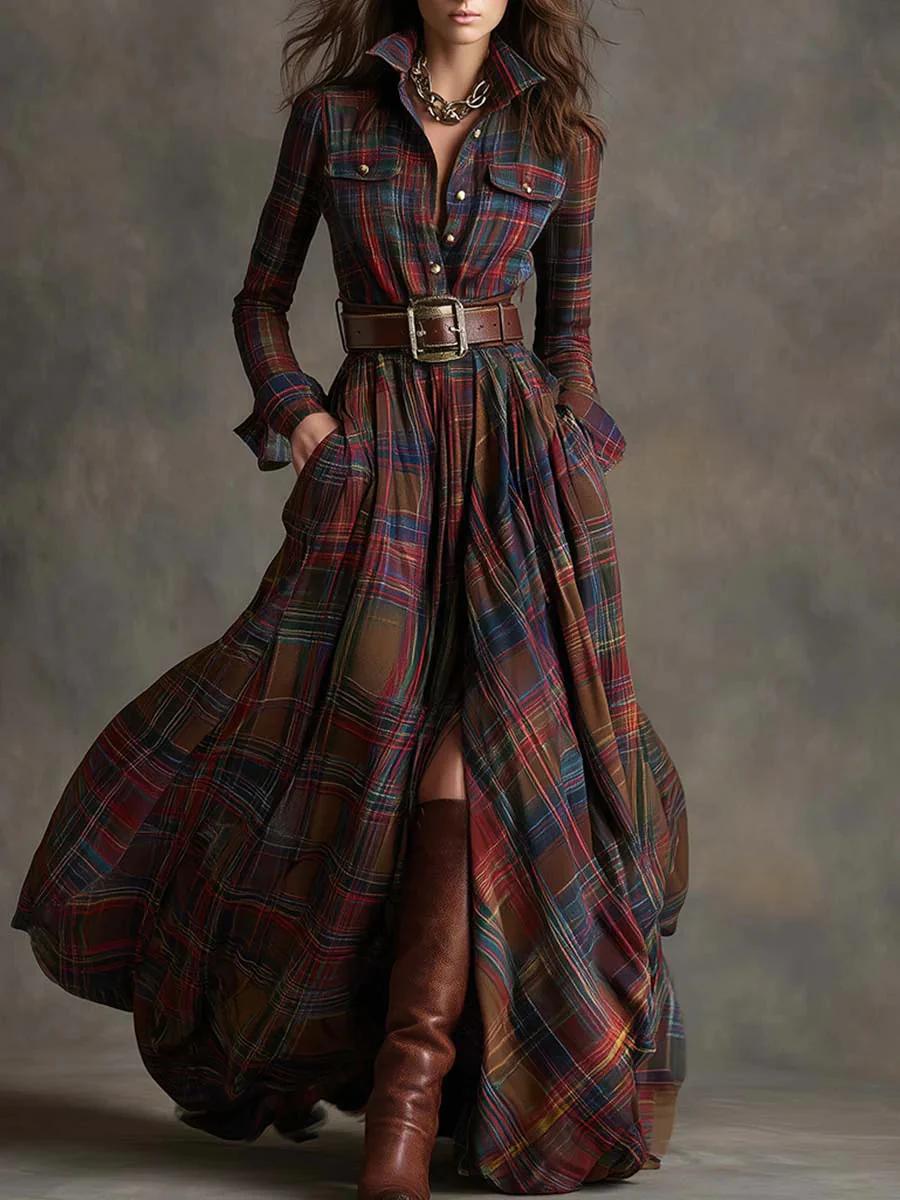 Collared Plaid Button-Front Belted Long Sleeve Flowy Maxi Dress