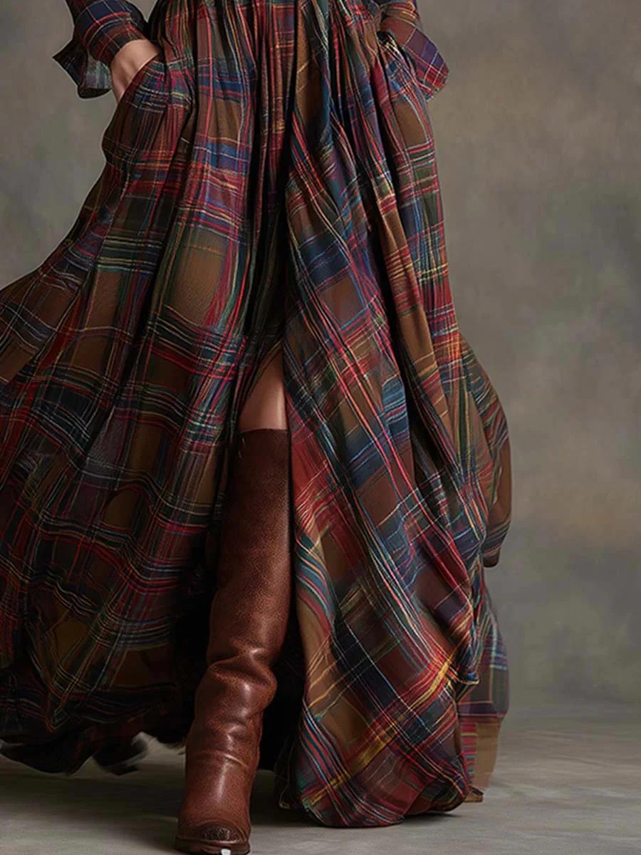 Collared Plaid Button-Front Belted Long Sleeve Flowy Maxi Dress