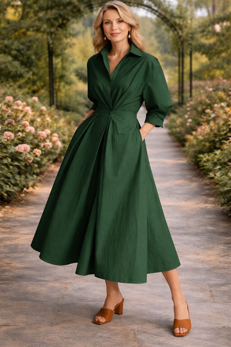 Collared Puff Sleeve Waist Cutout A-Line Midi Shirt Dress
