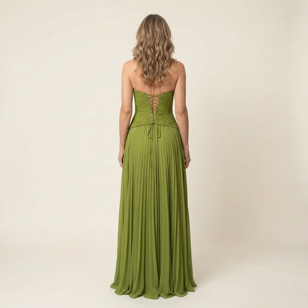 Green Halter Sweetheart Lace Bodice Pleated Chiffon Maxi Gown