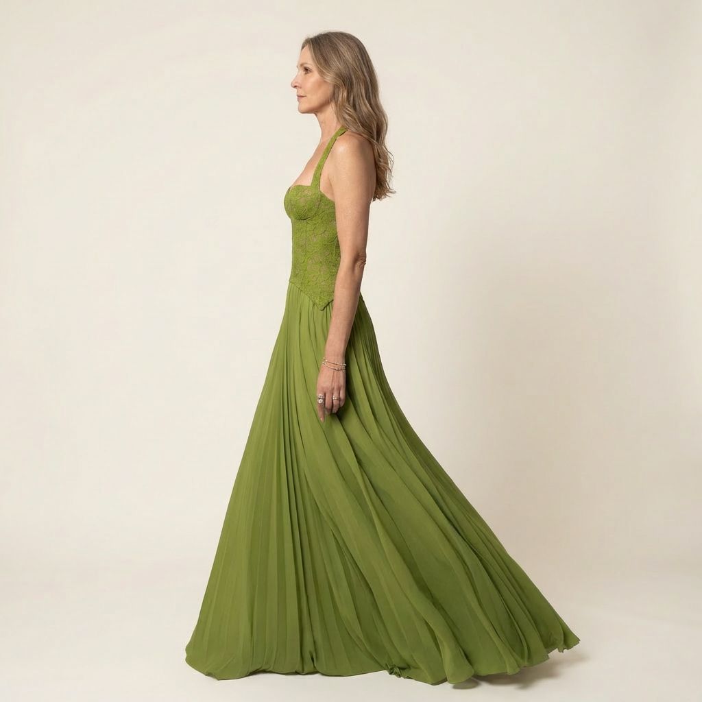 Green Halter Sweetheart Lace Bodice Pleated Chiffon Maxi Gown