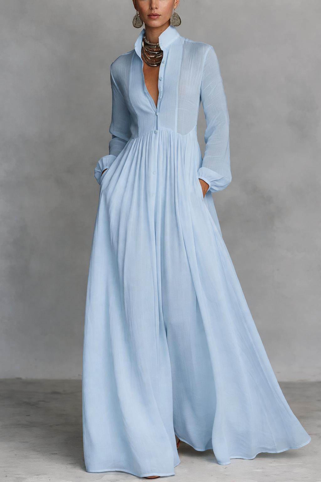 Stand Collar Button Front Long Sleeve Pleated Bib Maxi Dress 6