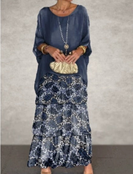 Round Neck Chiffon Layered Batwing Sleeve Tiered Flowy Maxi Dress