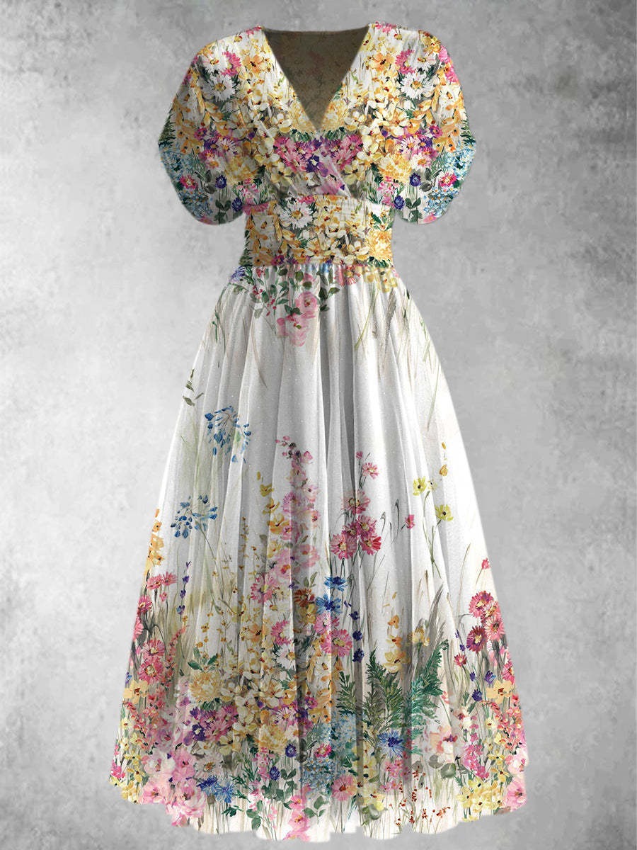 Floral V-Neck Puff Sleeve Floral Print Smocked Waist A-Line Maxi Dress 4