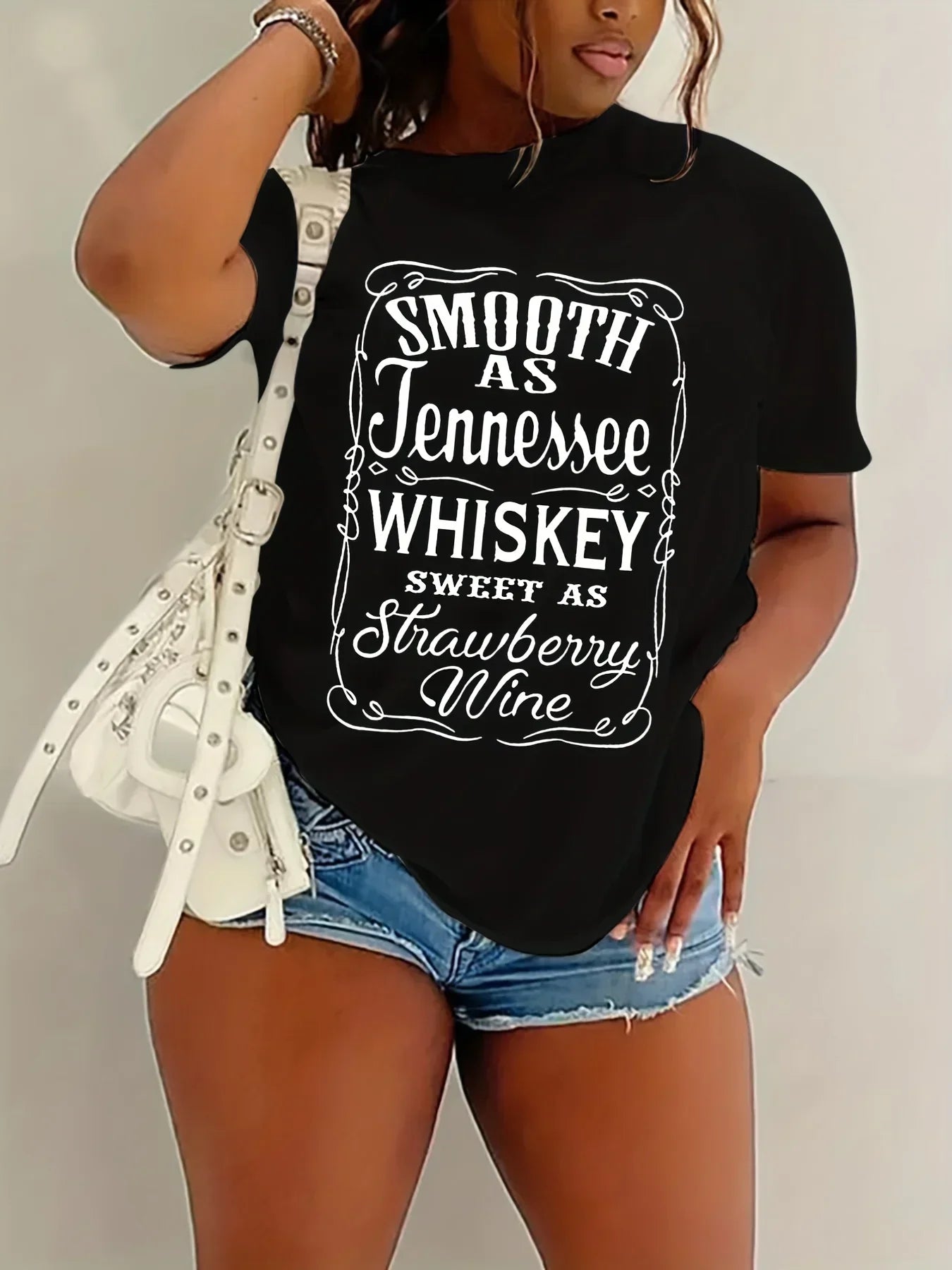 Whiskey Letter Print Sleeve Spring&Summer Crew Neck Women's Casual Tee T-shirt