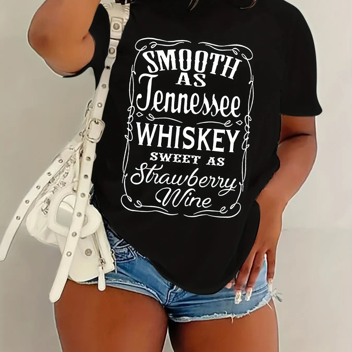 Whiskey Letter Print Sleeve Spring&Summer Crew Neck Women’s Casual Tee T-Shirt Black / S
