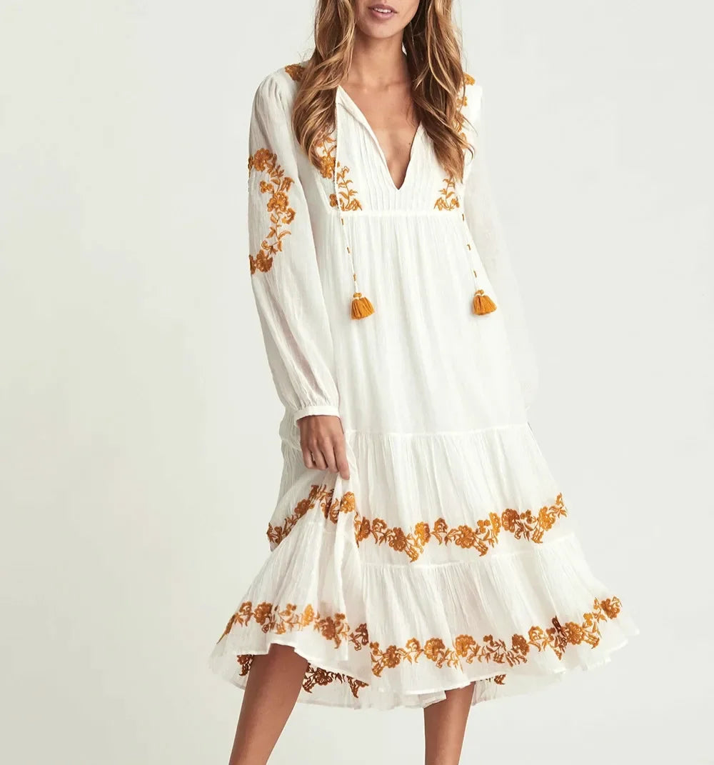 White Deep V Neck Long Sleeve Dress