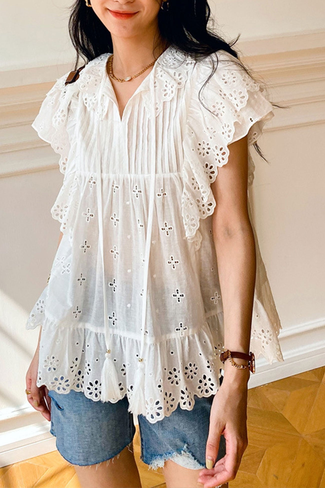 Top Arm Lace White With Ruffles Embroidery / L Blouses