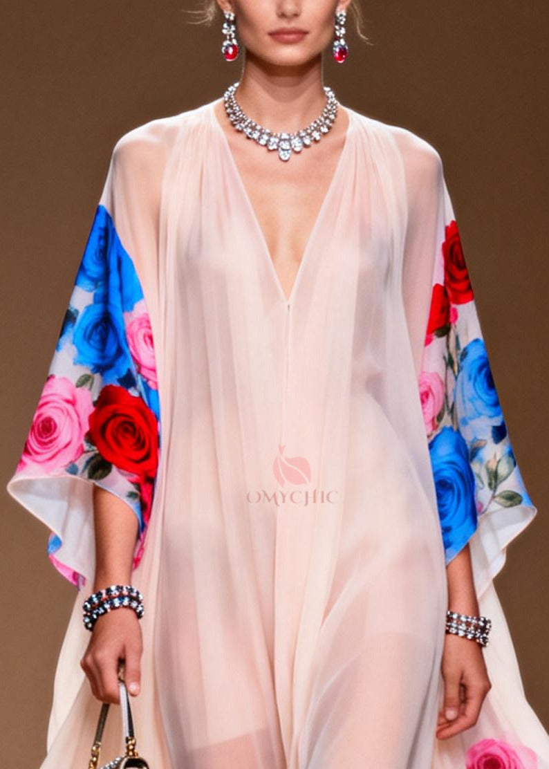 White Print Draping Chiffon Sheer Dresses Exra Large Hem Summer