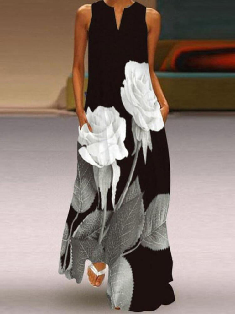 White Roses Sleeveless Maxi Dress