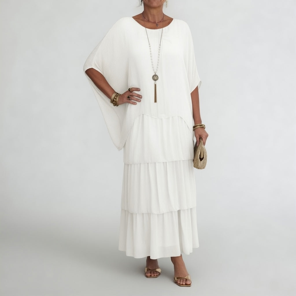 Round Neck Batwing Sleeve Tiered Chiffon Flowy Maxi Dress