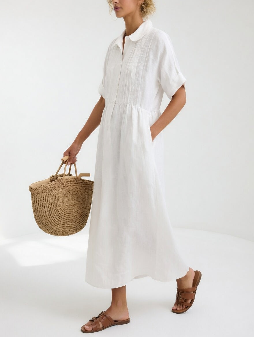 Collared Pintuck Pleated Short Sleeve Linen A-Line Maxi Shirt Dress