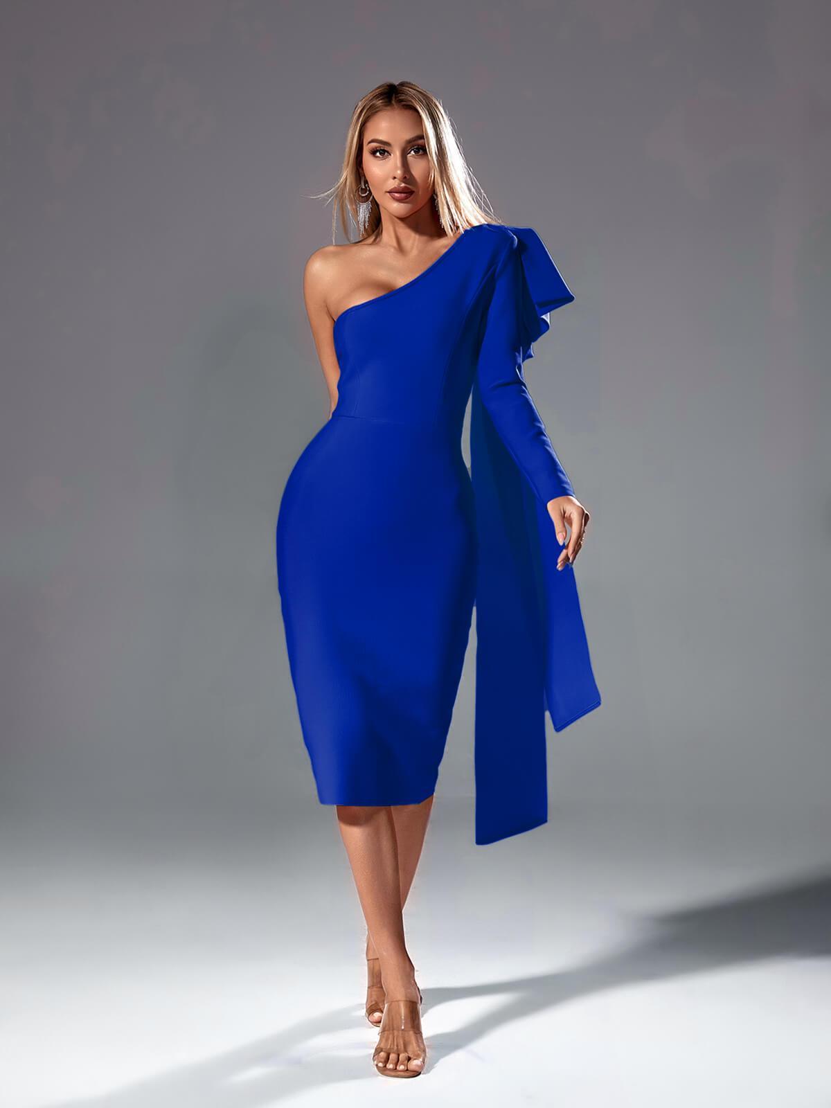 One Shoulder Ruffle Long Sleeve Bandage Bodycon Midi Dress