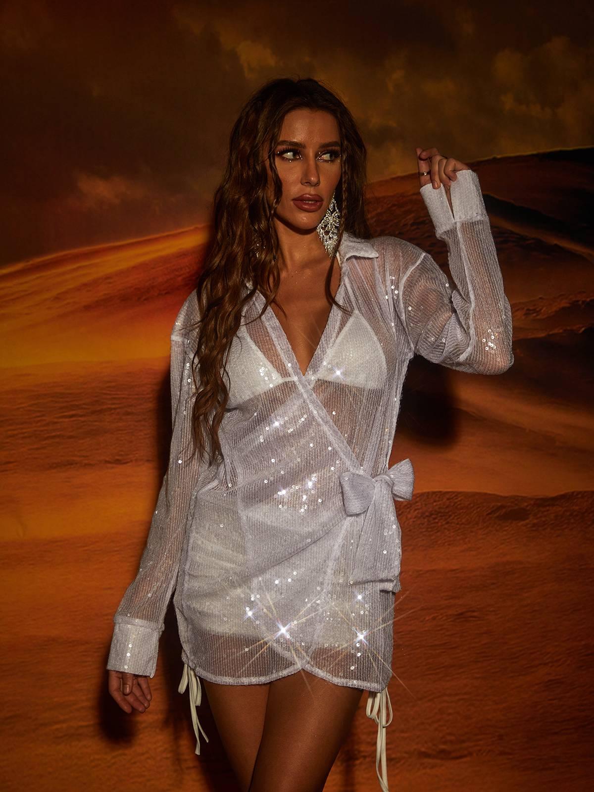 Collared Long Sleeve Sheer Sequin Mesh Wrap Mini Dress
