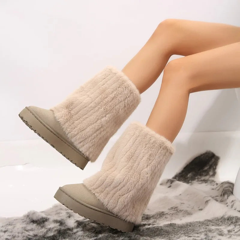 Plush Faux Fur Warm Thick Soled Furry KneeHigh Outdoor Snow Boot