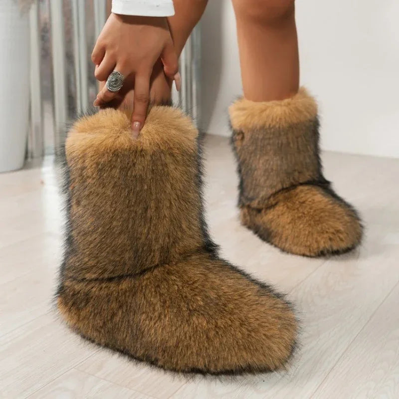 Fuzzy Cozy Plush Lined SlipOn Warm Stylish Outdoor Snow Boot