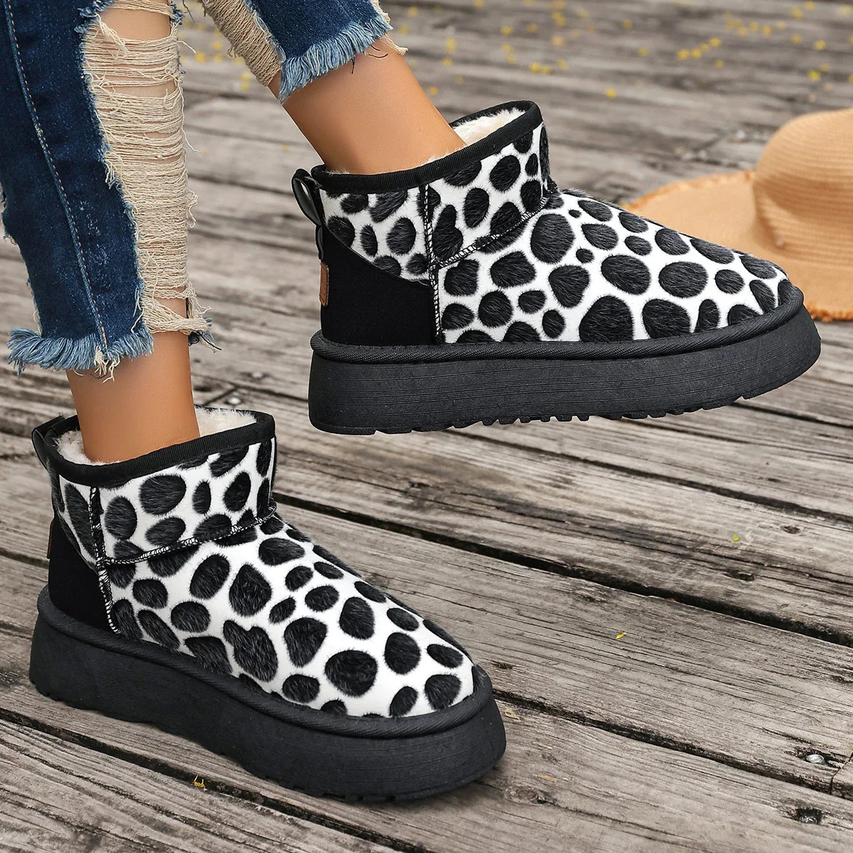 Leopard High Quality Slipon Thickened Fluff Round Toe Snow Boot