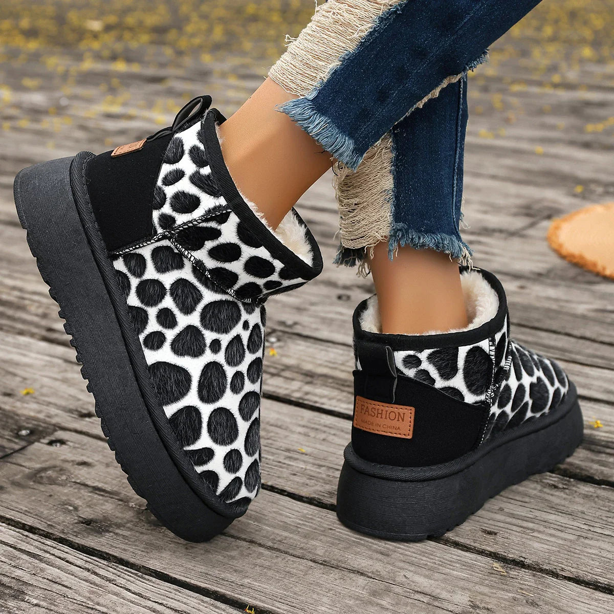 Leopard High Quality Slipon Thickened Fluff Round Toe Snow Boot