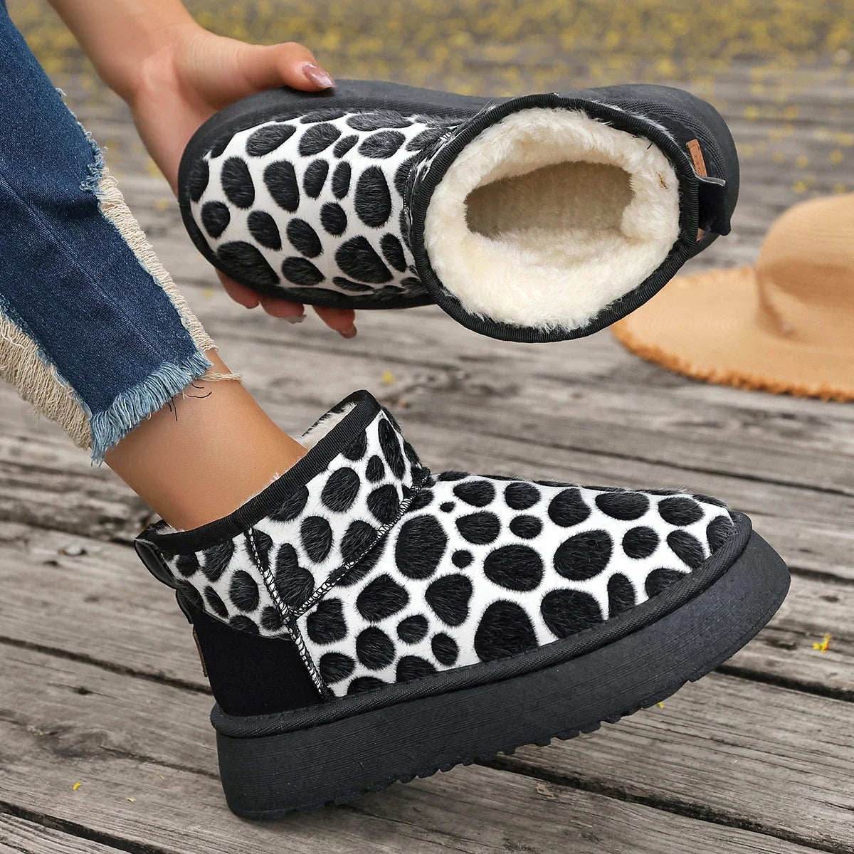 Leopard High Quality Slipon Thickened Fluff Round Toe Snow Boot