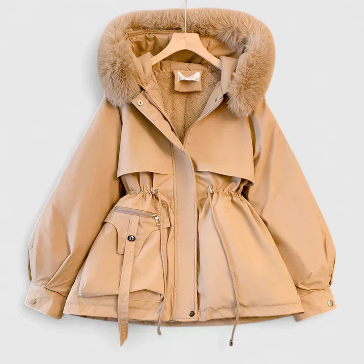 Faux Fur Hooded Fleece-Lined Drawstring Waist Parka Jacket