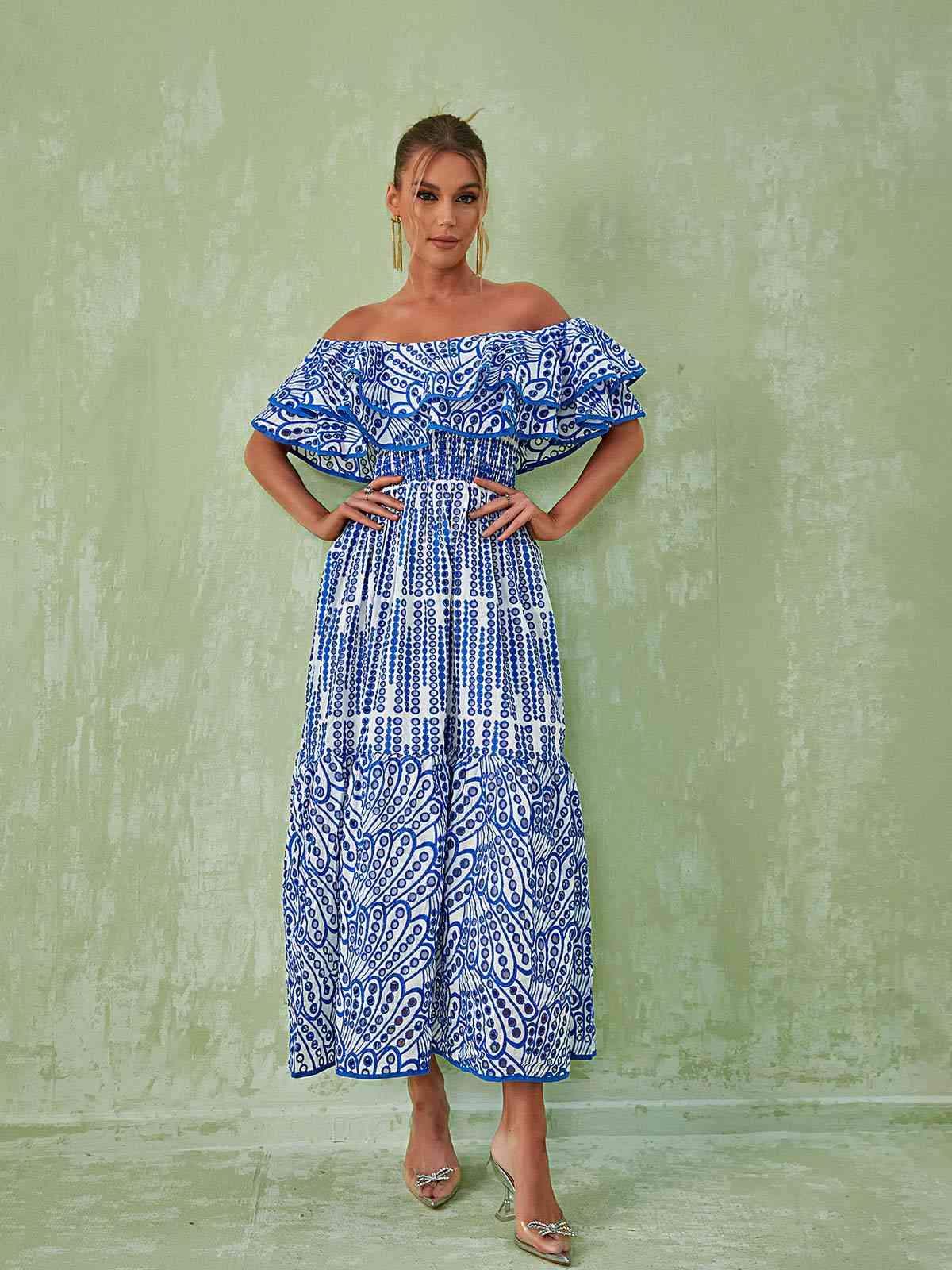 Off-Shoulder Ruffle Flounce Smocked Tiered Printed Maxi Dress