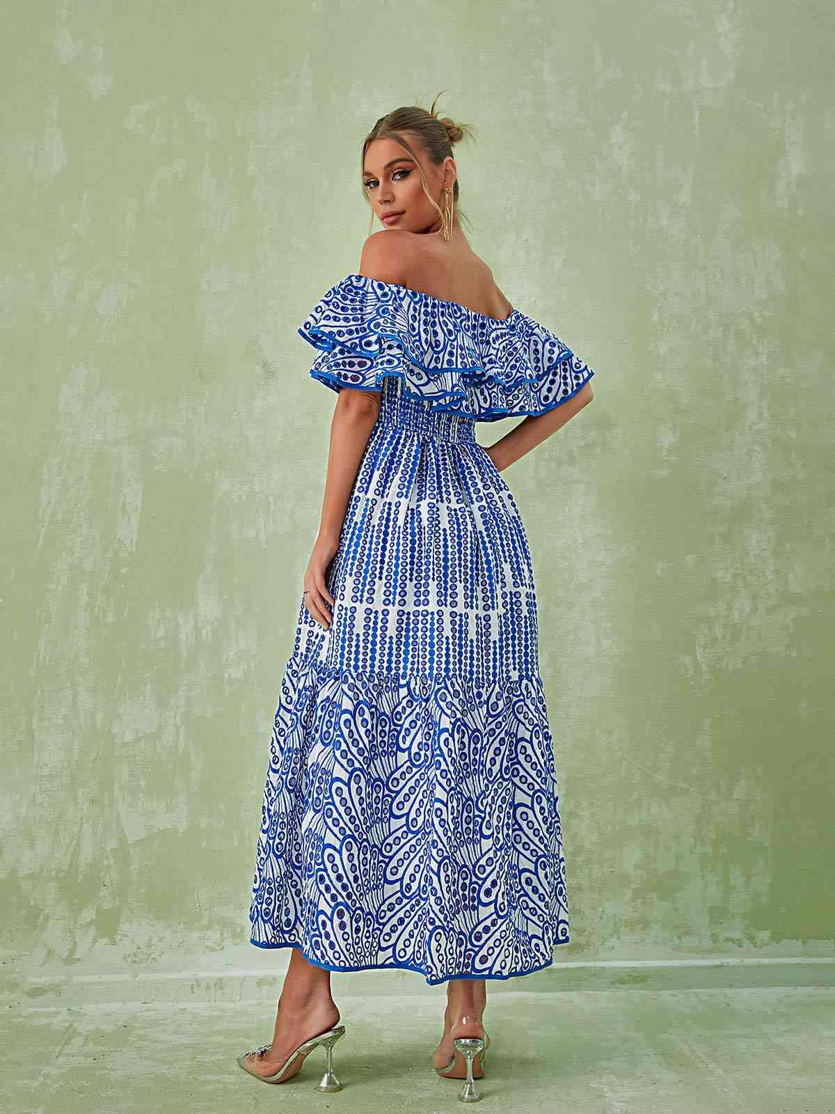 Off-Shoulder Ruffle Flounce Smocked Tiered Printed Maxi Dress