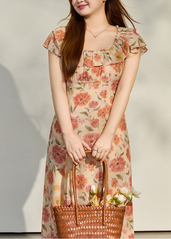Women Apricot Ruffled Print Chiffon Robe Dresses Summer