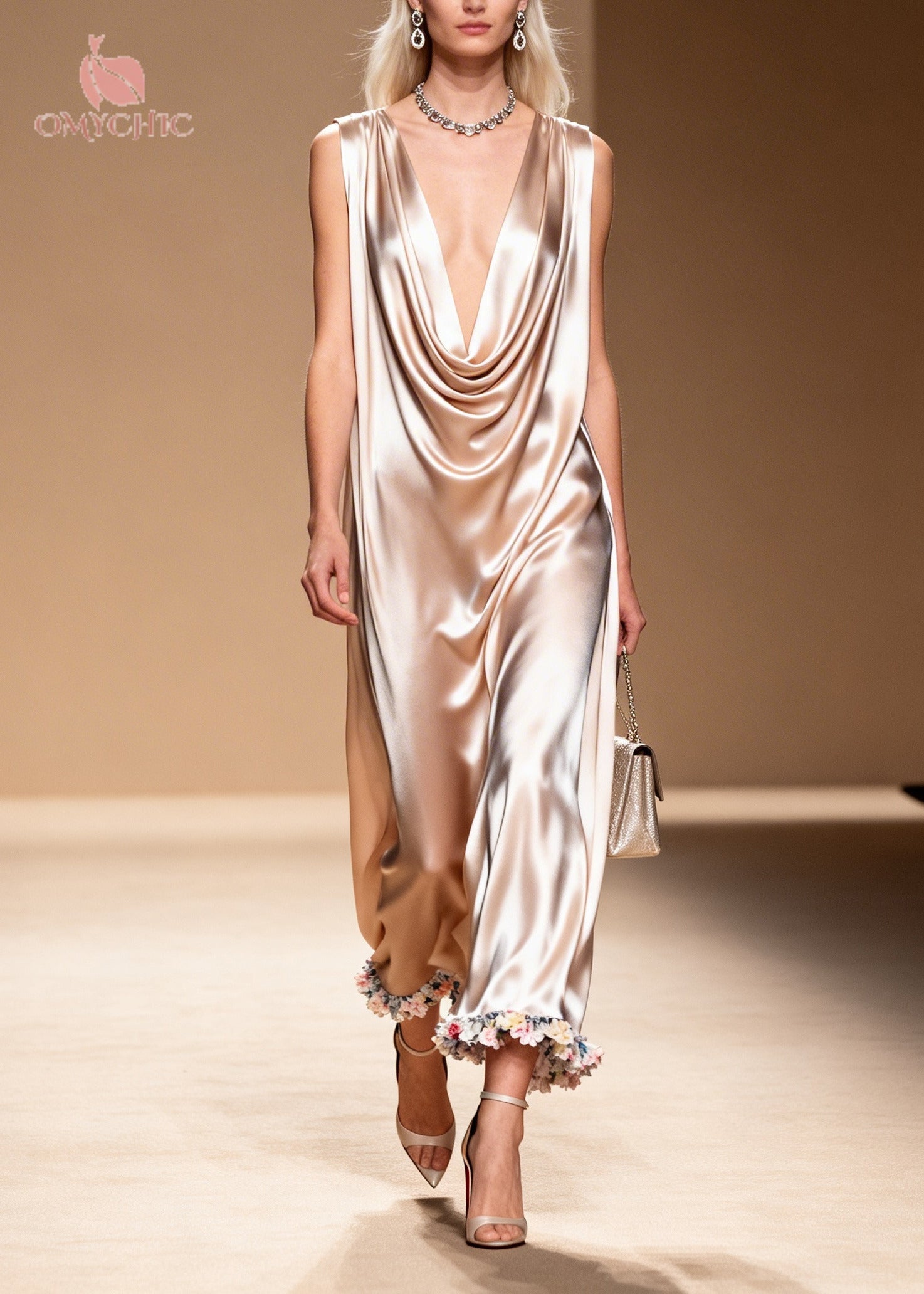 Women Apricot V Neck Floral Silk Maxi Dress Sleeveless