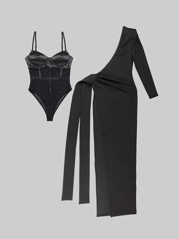 Black 2 Piece Set Sexy One Shoulder Long Ruched Elegant Party Dress