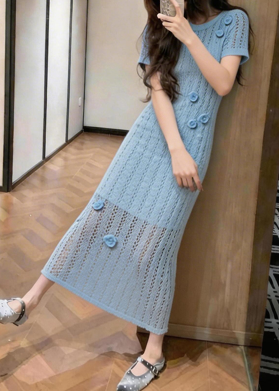 Women Blue Hollow Out Floral Knit Ankle Dress Summer