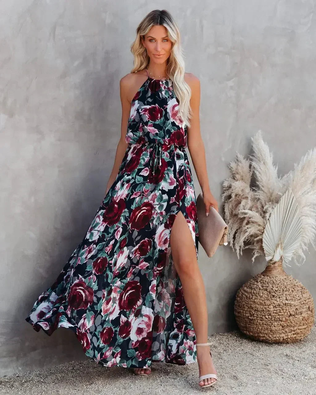Sexy Halter Floral Party Sundress black / M oldfloraldress-250126