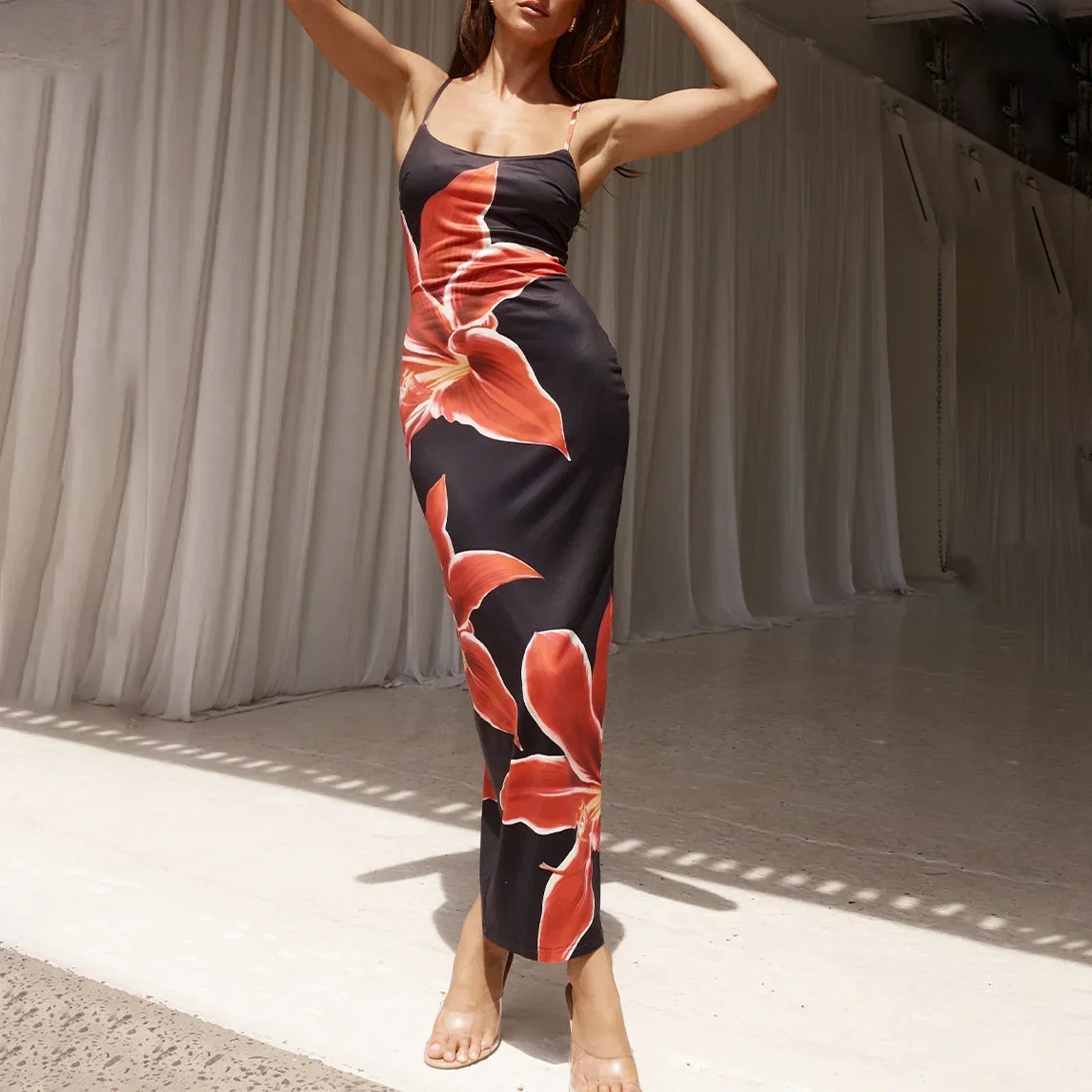 Cocktail Bodycon Floral Print Split Summer Streetwear Floral Dress Black / S floraldress-250126