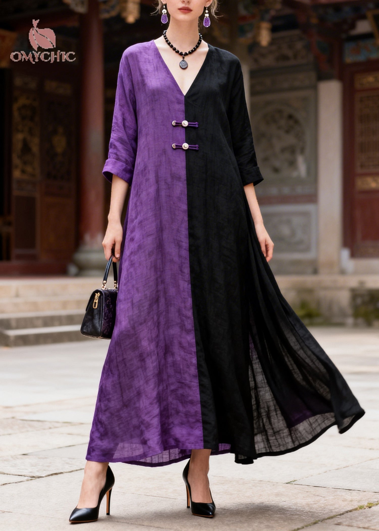 Women Colorblock Asymmetrical Patchwork Chinese Button Cotton A Line Dress Summer