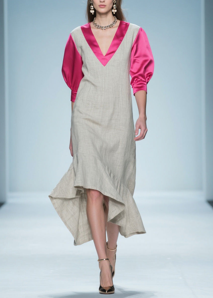 Women Colorblock Ruffled Patchwork Linen Silk Long Dress Summer
