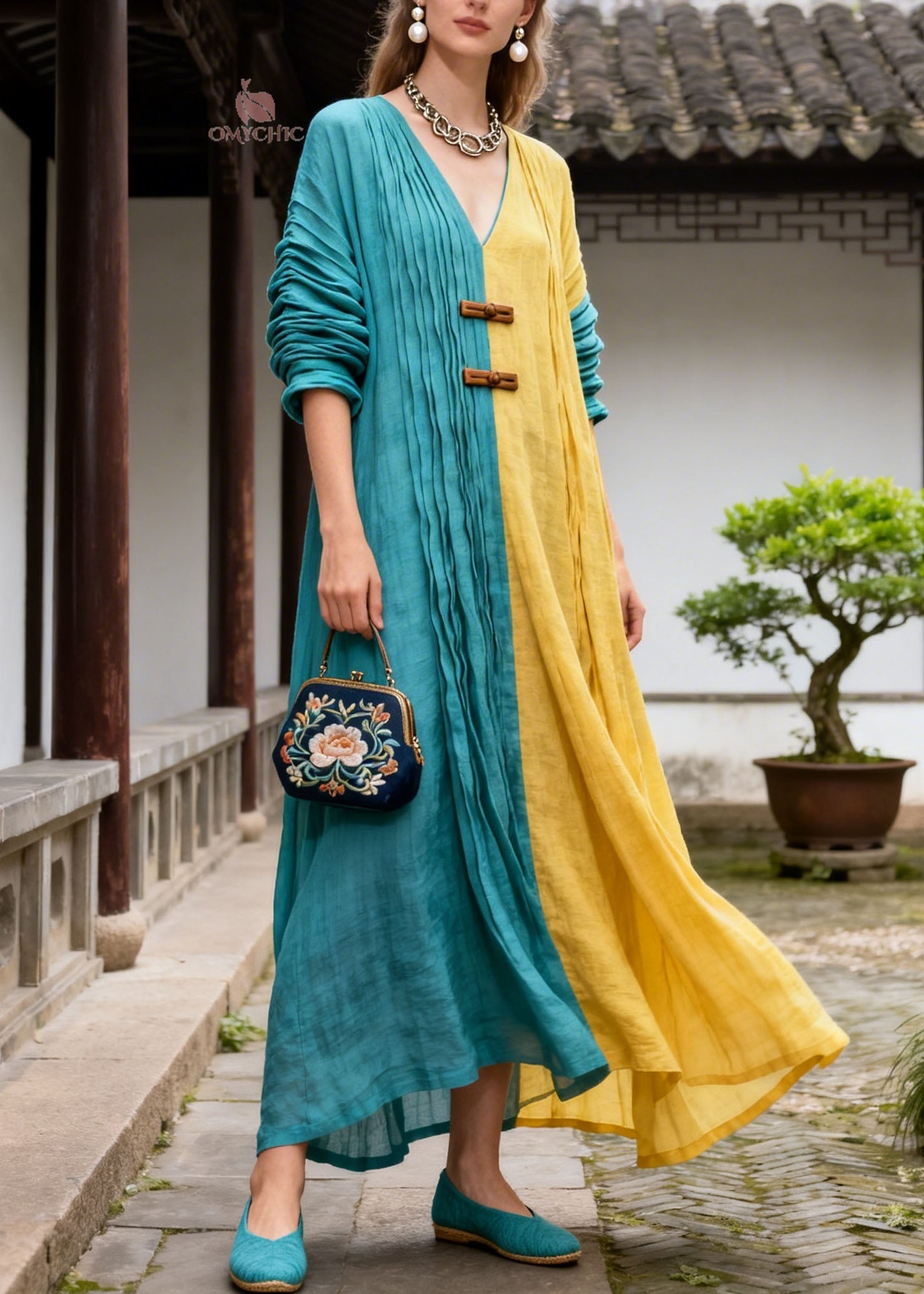 Women Colorblock V Neck Wrinkled Patchwork Cotton Dresses Summer